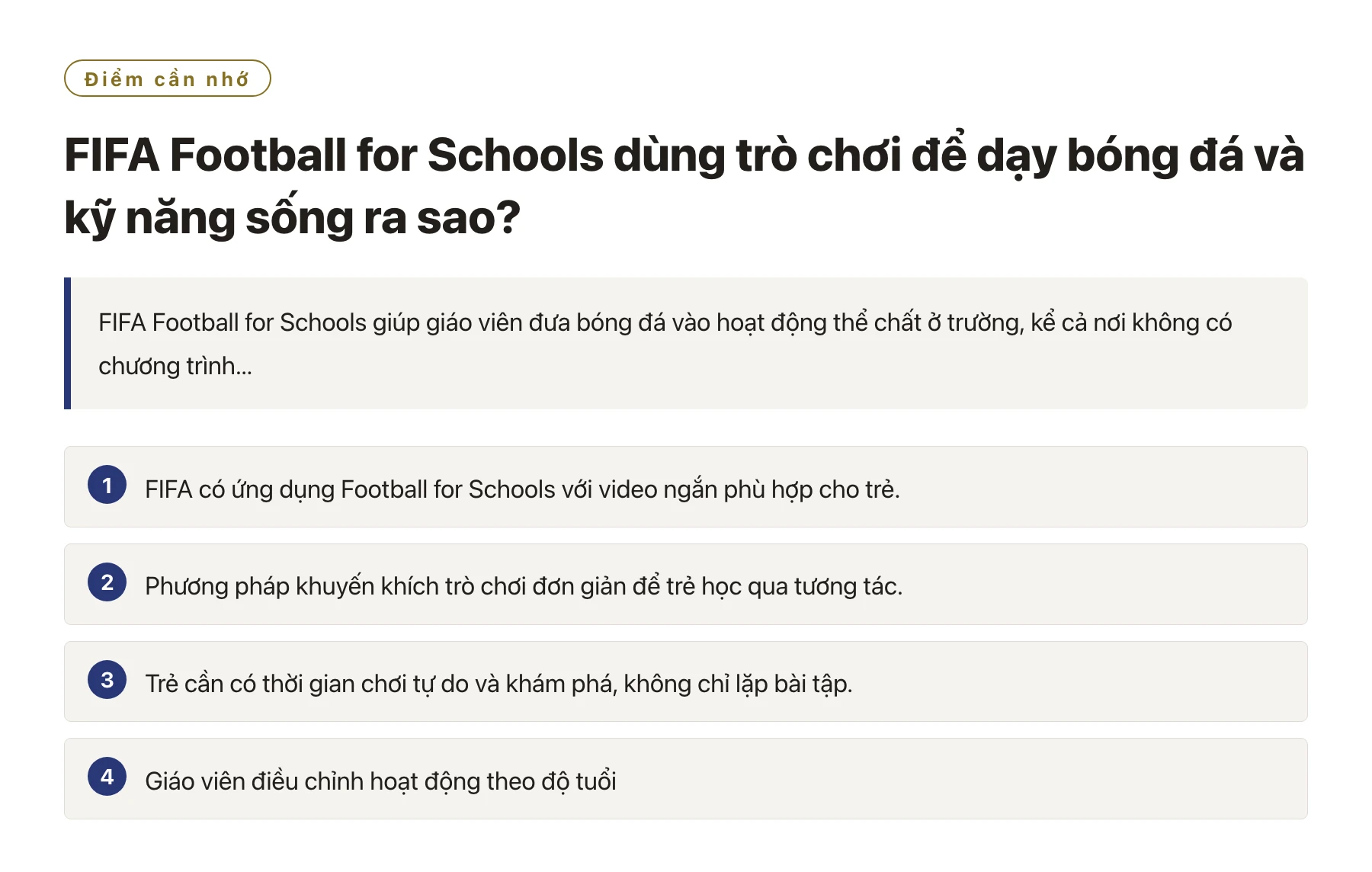 FIFA Football for Schools dùng trò chơi để dạy bóng đá và kỹ năng sống ra sao?——全文要点速览